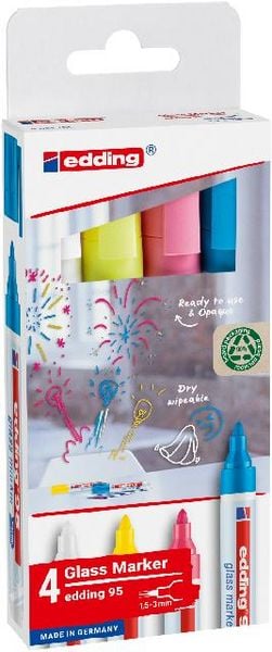 Produktbild: EDDING&reg; Glasboard Marker 95, 4er Etui (weiss, gelb, rosa, hellblau) Kartonetui