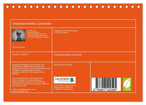 Produktbild: Urlaubsparadies Lanzarote (Tischkalender 2026 DIN A5 quer), CALVENDO Monatskalender