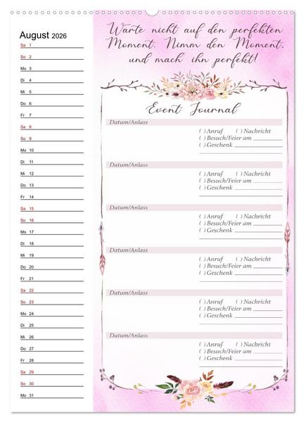 Produktbild: Geburtstagsplaner Boho Rosa - F&uuml;r Termine, Geschenke, Eventdetails & mehr (hochwertiger Premium Wandkalender 2026 DIN A2 hoch), Kunstdruck in Hochglanz