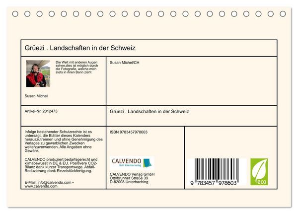 Produktbild: Gr&uuml;ezi . Landschaften in der Schweiz (Tischkalender 2026 DIN A5 quer), CALVENDO Monatskalender
