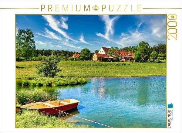 CALVENDO Puzzle Weiher mit Boot im Frühling | 2000 Teile Lege-Größe 90x67cm Foto-Puzzle für glückliche Stunden