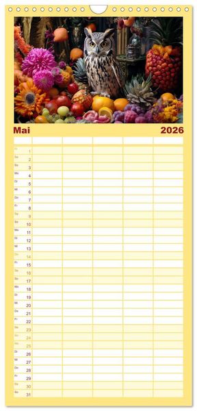 Produktbild: Familienplaner 2026 - Stillleben mit Eule mit 5 Spalten (Wandkalender, 21 x 45 cm) CALVENDO