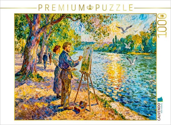CALVENDO Puzzle Maler am Flussufer im sommerlichen Park Impressionismus Puzzle | 1000 Teile Lege-Größe 64x48cm Foto-Puzzle für glückliche Stunden
