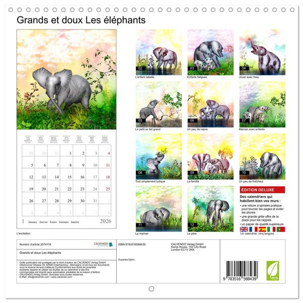 Produktbild: Grands et doux Les &eacute;l&eacute;phants (Calendrier mural carr&eacute; 2026 30x30 cm) Calendrier double avec une page pour vos prises de notes