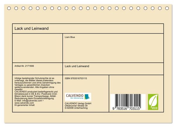 Produktbild: Lack und Leinwand (Tischkalender 2026 DIN A5 quer), CALVENDO Monatskalender