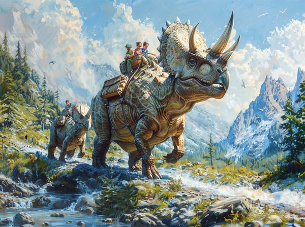 Produktbild: CALVENDO Puzzle Bergwanderung - Menschen mit Dinosaurier Triceratops | 2000 Teile Lege-Gr&ouml;&szlig;e 90x67cm Foto-Puzzle f&uuml;r gl&uuml;ckliche Stunden