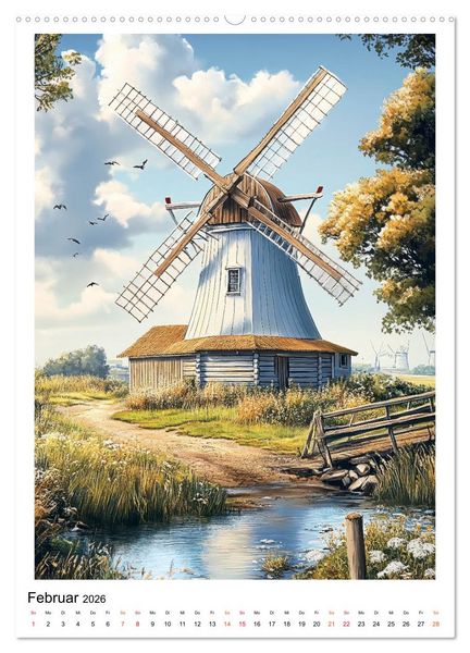 Produktbild: Windm&uuml;hlen - Im Wind der Zeit (Wandkalender 2026 DIN A2 hoch), CALVENDO Monatskalender