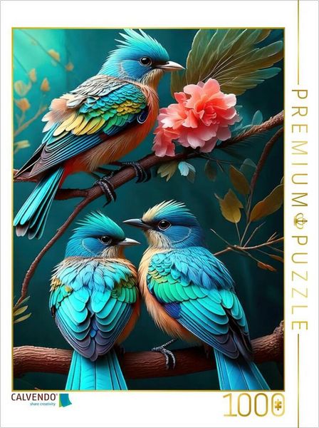 Produktbild: CALVENDO Puzzle Drei blau t&uuml;rkisfarbene Paradiesv&ouml;gel zwischen filigranen Bl&uuml;ten | 1000 Teile Lege-Gr&ouml;&szlig;e 64x48cm Foto-Puzzle f&uuml;r gl&uuml;ckliche Stunden