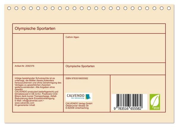 Produktbild: Olympische Sportarten (Tischkalender 2026 DIN A5 quer), CALVENDO Monatskalender
