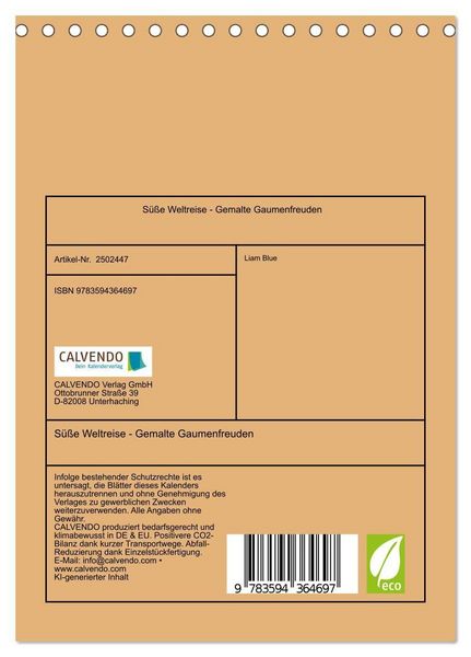 Produktbild: S&uuml;&szlig;e Weltreise - Gemalte Gaumenfreuden (Tischkalender 2027 DIN A5 hoch), CALVENDO Monatskalender