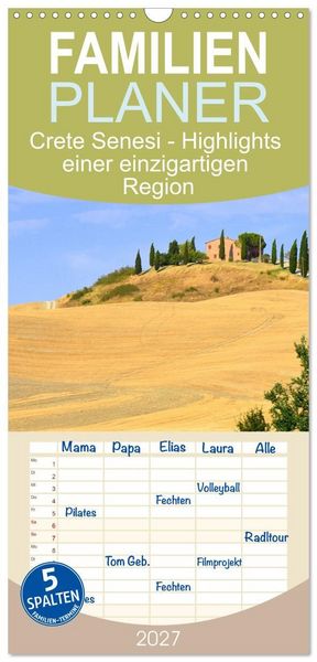Produktbild: Familienplaner 2027 - Crete Senesi - Highlights einer einzigartigen Region mit 5 Spalten (Wandkalender, 21 x 45 cm) CALVENDO