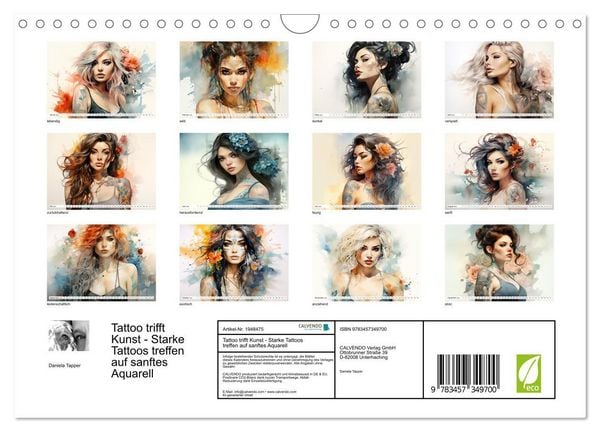Produktbild: Tattoo trifft Kunst - Starke Tattoos treffen auf sanftes Aquarell (Wandkalender 2026 DIN A4 quer), CALVENDO Monatskalender