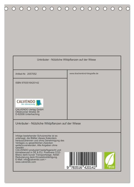 Produktbild: Unkr&auml;uter - N&uuml;tzliche Wildpflanzen auf der Wiese (Tischkalender 2026 DIN A5 hoch), CALVENDO Monatskalender