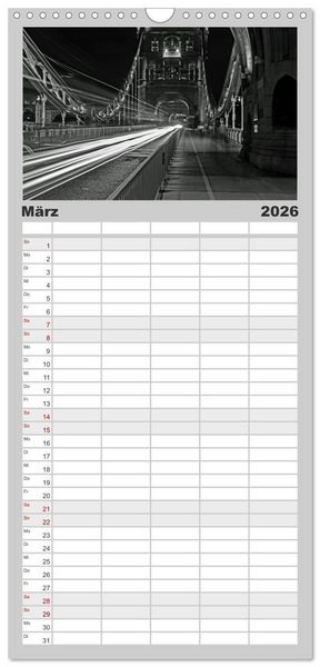 Produktbild: Familienplaner 2026 - London in Schwarz-Wei&szlig; mit 5 Spalten (Wandkalender, 21 x 45 cm) CALVENDO