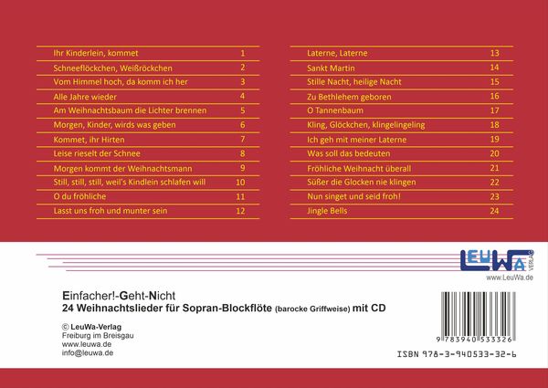 Produktbild: Einfacher!-Geht-Nicht: 24 Weihnachtslieder f&uuml;r Sopran-Blockfl&ouml;te (barocke Griffweise) mit CD