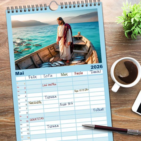 Produktbild: Familienplaner 2026 - Durch das Jahr mit Jesus mit 5 Spalten (Wandkalender, 21 x 45 cm) CALVENDO