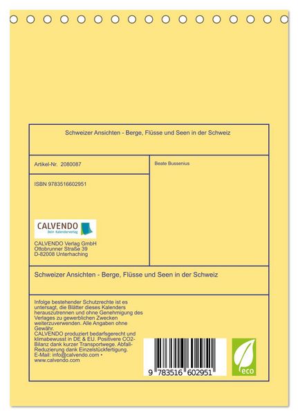 Produktbild: Schweizer Ansichten - Berge, Fl&uuml;sse und Seen in der Schweiz (Tischkalender 2026 DIN A5 hoch), CALVENDO Monatskalender