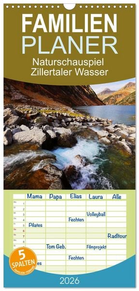 Produktbild: Familienplaner 2026 - Naturschauspiel Zillertaler Wasser mit 5 Spalten (Wandkalender, 21 x 45 cm) CALVENDO
