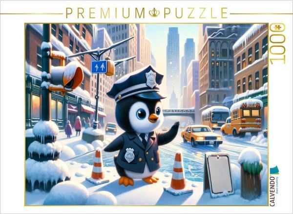 CALVENDO Puzzle Wächter des Winters: Der Pinguin Polizeikommissar im verschneiten Stadtzentrum | 1000 Teile Lege-Größe 64x48cm Foto-Puzzle für glückli