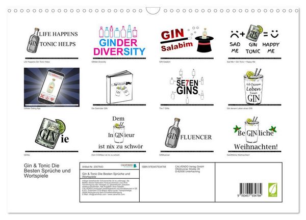 Produktbild: Gin & Tonic Die Besten Spr&uuml;che und Wortspiele (Wandkalender 2026 DIN A3 quer), CALVENDO Monatskalender