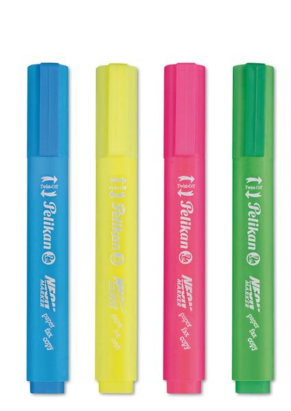 Pelikan Textmarker 438 Neon, 4 Farben in Gelb, Grün, Pink, Blau im Etui