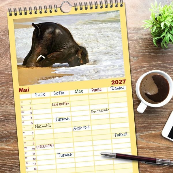 Produktbild: Familienplaner 2027 - Elefanten. Spa&szlig; am Wasser mit 5 Spalten (Wandkalender, 21 x 45 cm) CALVENDO