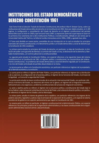 Produktbild: INSTITUCIONES DEL ESTADO DEMOCR&Aacute;TICO DE DERECHO. CONSTITUCI&Oacute;N 1961. Colecci&oacute;n Tratado de Derecho Constitucional, Tomo IV