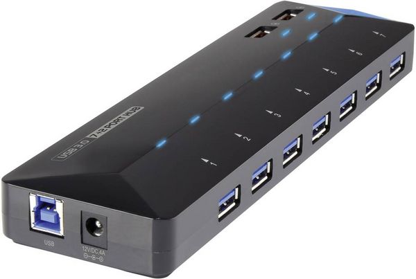 Produktbild: Renkforce RF-3806034 USB-Hub 7 Port USB-A USB 3.0 5 GBit/s mit Schnellladeport, mit Status-LEDs Schwarz