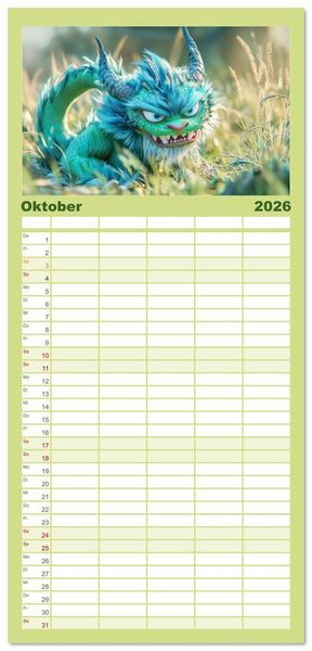 Produktbild: Familienplaner 2026 - Drachen - Verspielt und fluffig mit 5 Spalten (Wandkalender, 21 x 45 cm) CALVENDO
