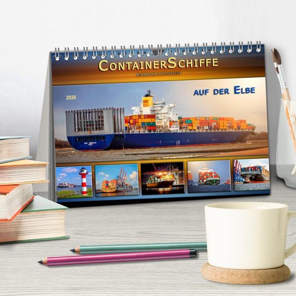 Produktbild: Containerschiffe auf der Elbe (Tischkalender 2026 DIN A5 quer), CALVENDO Monatskalender