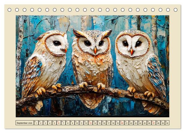 Produktbild: Bunte Eulenpoesie. Kunstvolle V&ouml;gel in &Ouml;lgem&auml;lde-Optik (Tischkalender 2026 DIN A5 quer), CALVENDO Monatskalender