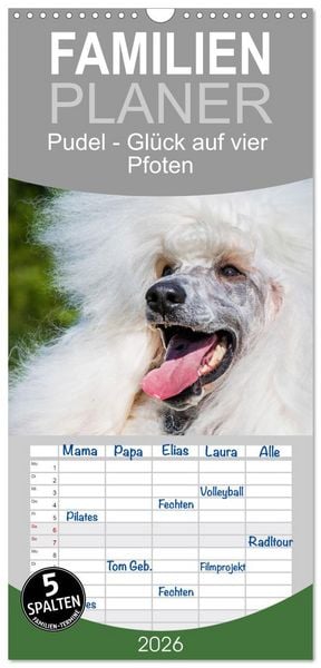 Produktbild: Familienplaner 2026 - Pudel - Gl&uuml;ck auf vier Pfoten mit 5 Spalten (Wandkalender, 21 x 45 cm) CALVENDO