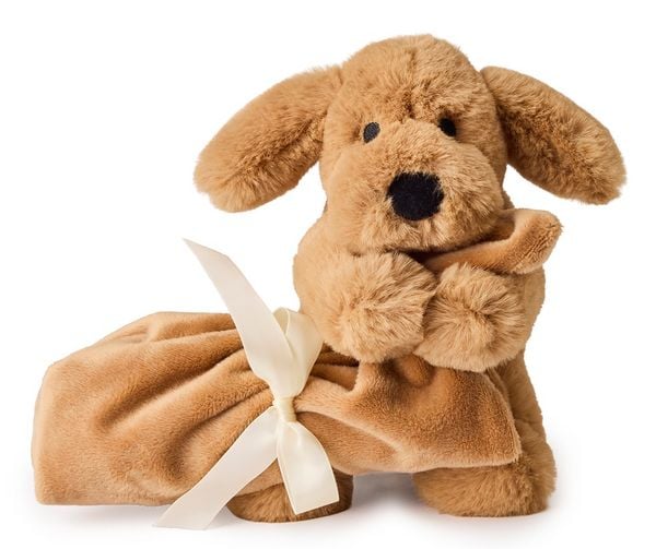 Teddy Hermann 94001 - Hund mit Schnuffeltuch, braun, Plüsch, 17 cm