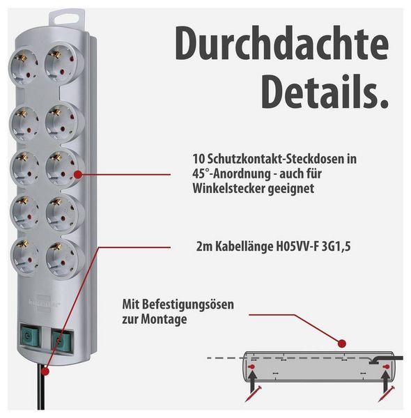 Produktbild: Brennenstuhl 1153390120 Steckdosenleiste mit Schalter 10fach Silber Schutzkontakt 1 St.