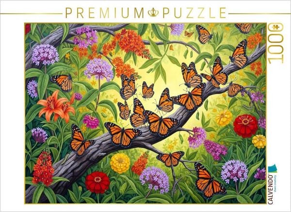 CALVENDO Puzzle Monarchfalter sammeln sich auf einem Ast zwischen leuchtenden Blüten | 1000 Teile Lege-Größe 64x48cm Foto-Puzzle für glückliche Stunden