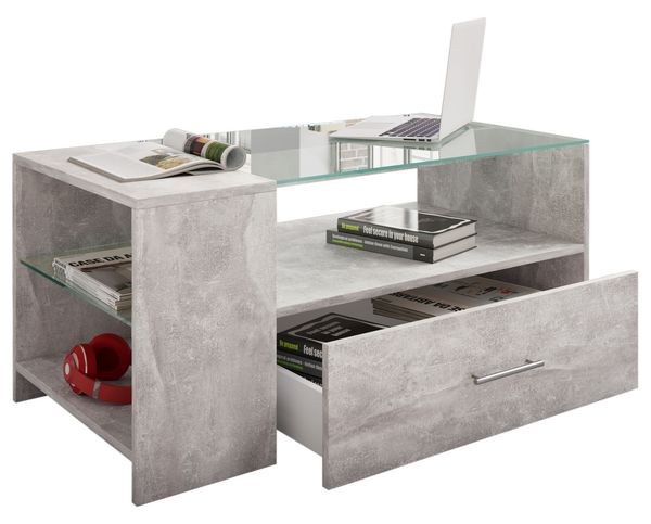 Produktbild: Holz Sofatisch Couchtisch Schublade Glas Tindala