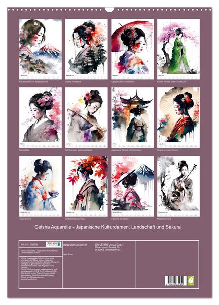 Produktbild: Geisha Aquarelle - Japanische Kulturdamen, Landschaft und Sakura (Wandkalender 2026 DIN A2 hoch), CALVENDO Monatskalender