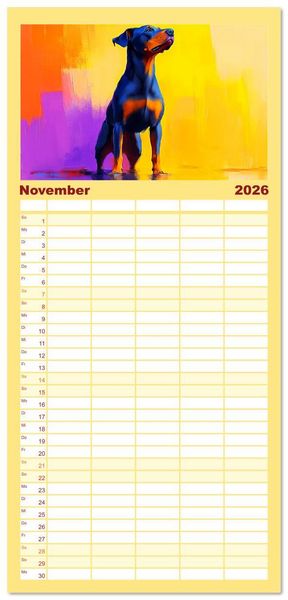 Produktbild: Familienplaner 2026 - Kraftvolle Partner. Hunde in k&uuml;nstlerischer &Ouml;loptik mit 5 Spalten (Wandkalender, 21 x 45 cm) CALVENDO