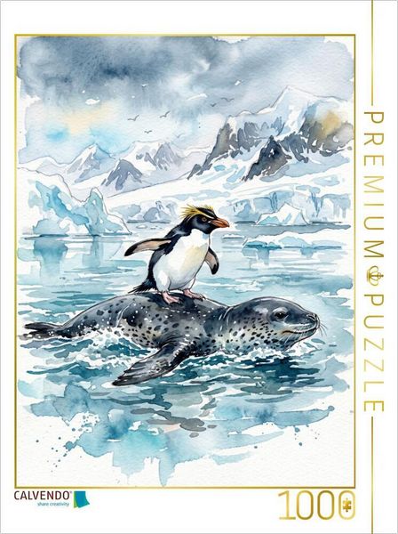 CALVENDO Puzzle Pinguin beim Seeleopard Reiten | 1000 Teile Lege-Größe 64x48cm Foto-Puzzle für glückliche Stunden