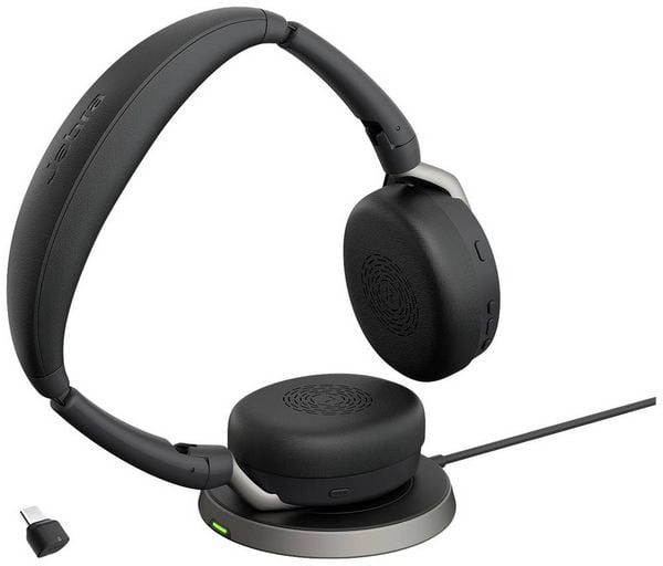 Jabra Evolve2 65 Flex Link380c MS + Ladepad On Ear Headset Bluetooth Stereo Schwarz Noise Cancelling Headset -