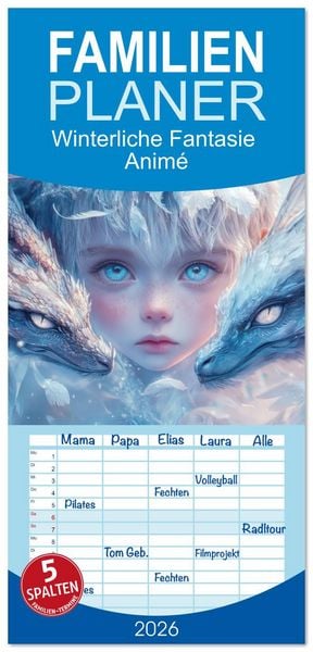 Produktbild: Familienplaner 2026 - Winterliche Fantasie Anim&eacute; mit 5 Spalten (Wandkalender, 21 x 45 cm) CALVENDO