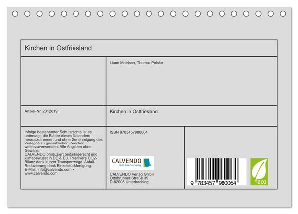 Produktbild: Kirchen in Ostfriesland (Tischkalender 2026 DIN A5 quer), CALVENDO Monatskalender