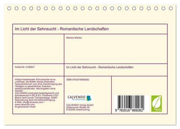 Produktbild: Im Licht der Sehnsucht - Romantische Landschaften (Tischkalender 2026 DIN A5 quer), CALVENDO Monatskalender
