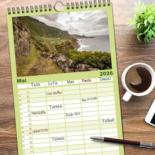 Produktbild: Familienplaner 2026 - Azoren Landschaften - Flores und Corvo mit 5 Spalten (Wandkalender, 21 x 45 cm) CALVENDO