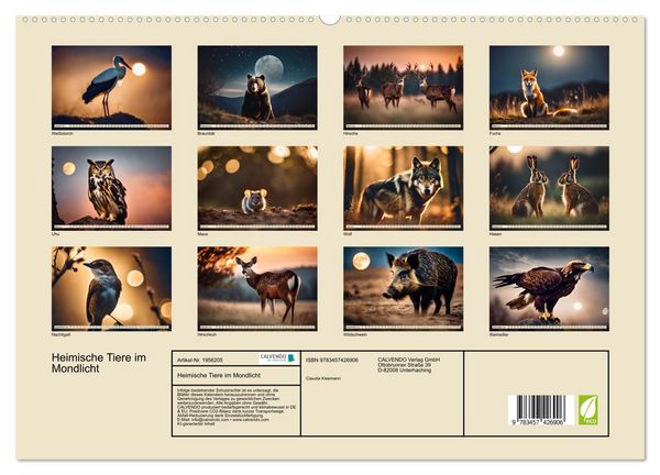 Produktbild: Heimische Tiere im Mondlicht (hochwertiger Premium Wandkalender 2026 DIN A2 quer), Kunstdruck in Hochglanz