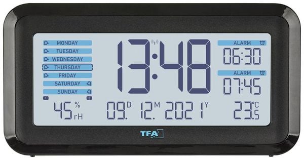 Produktbild: TFA Dostmann 60.2562.01.GB Funk Wecker Schwarz, Hellblau Alarmzeiten 2 Gro&szlig;es Display