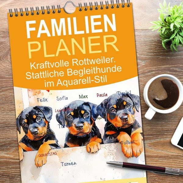 Produktbild: Familienplaner 2026 - Kraftvolle Rottweiler. Stattliche Begleithunde im Aquarell-Stil mit 5 Spalten (Wandkalender, 21 x 45 cm) CALVENDO