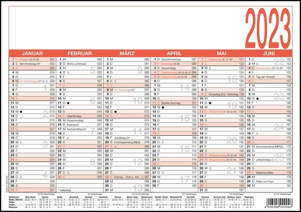 Arbeitstagekalender 2023 - A5 (21 x 14,8 cm) - 6 Monate auf 1 Seite ...