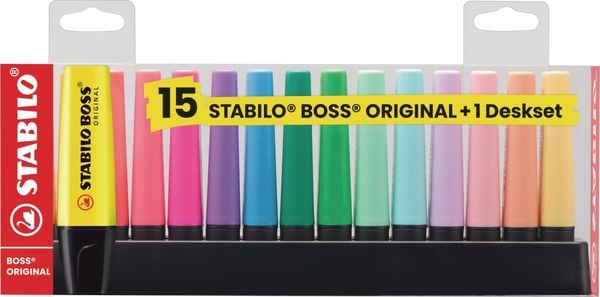 Produktbild: STABILO Textmarker -   BOSS ORIGINAL - 15er Tischset - 9 Leuchtfarben, 6 Pastellfarben