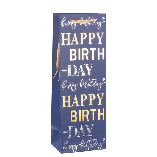 Produktbild: Idena Flaschentasche Happy Birthday blau 12,5x35x9xcm 210g/m&sup2; Hei&szlig;pr&auml;gung